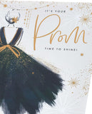UK Greetings prom greeting card featuring an elegant dress design, perfect for celebrating a special prom occasion.