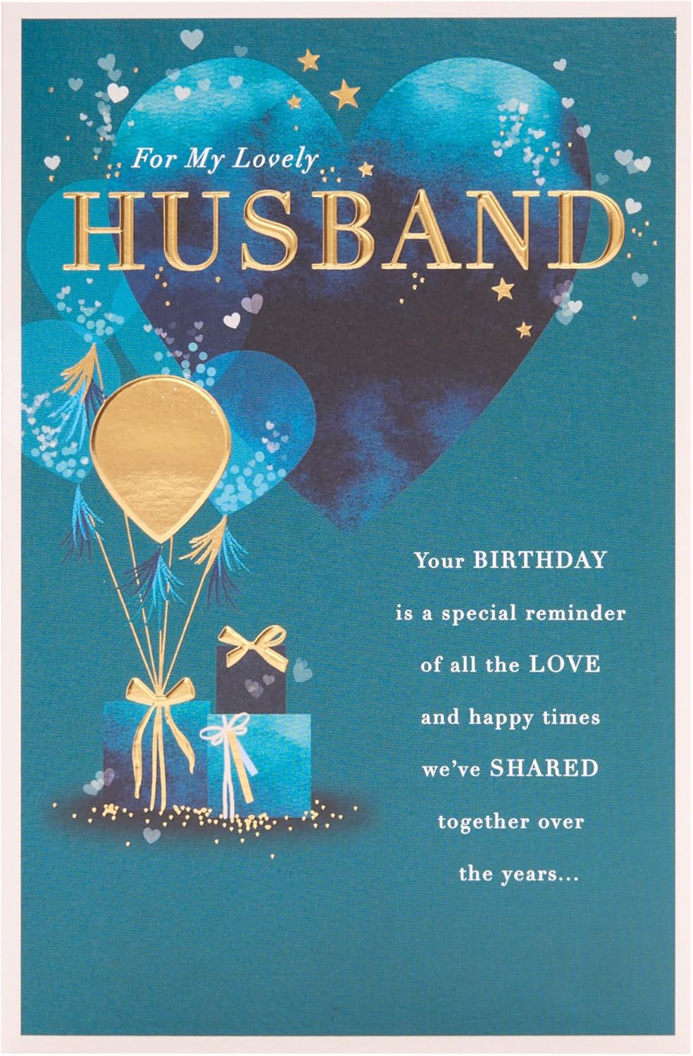 UK Greetings Blue Heart Design Husband Birthday Card, stationery with a blue heart motif, perfect for celebrating a husband's special day.