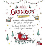 UK Greetings Christmas card featuring festive characters on a sleigh, designed for a grandson, with seasonal holiday imagery.