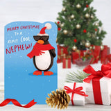 UK Greetings funny nephew Christmas greeting card featuring a cute penguin design, perfect for holiday stationery.