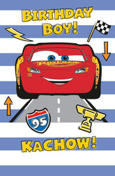 Disney Lightning McQueen birthday greetings card for boys by UK Greetings, featuring Lightning McQueen from Cars on bright stationery.