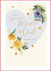 UK Greetings Easter card for Mum and Dad featuring daffodils and birds, with colorful floral and bird illustrations.