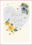 UK Greetings Easter Card for Mum and Dad featuring daffodils and birds design, with floral and bird illustrations on stationery.