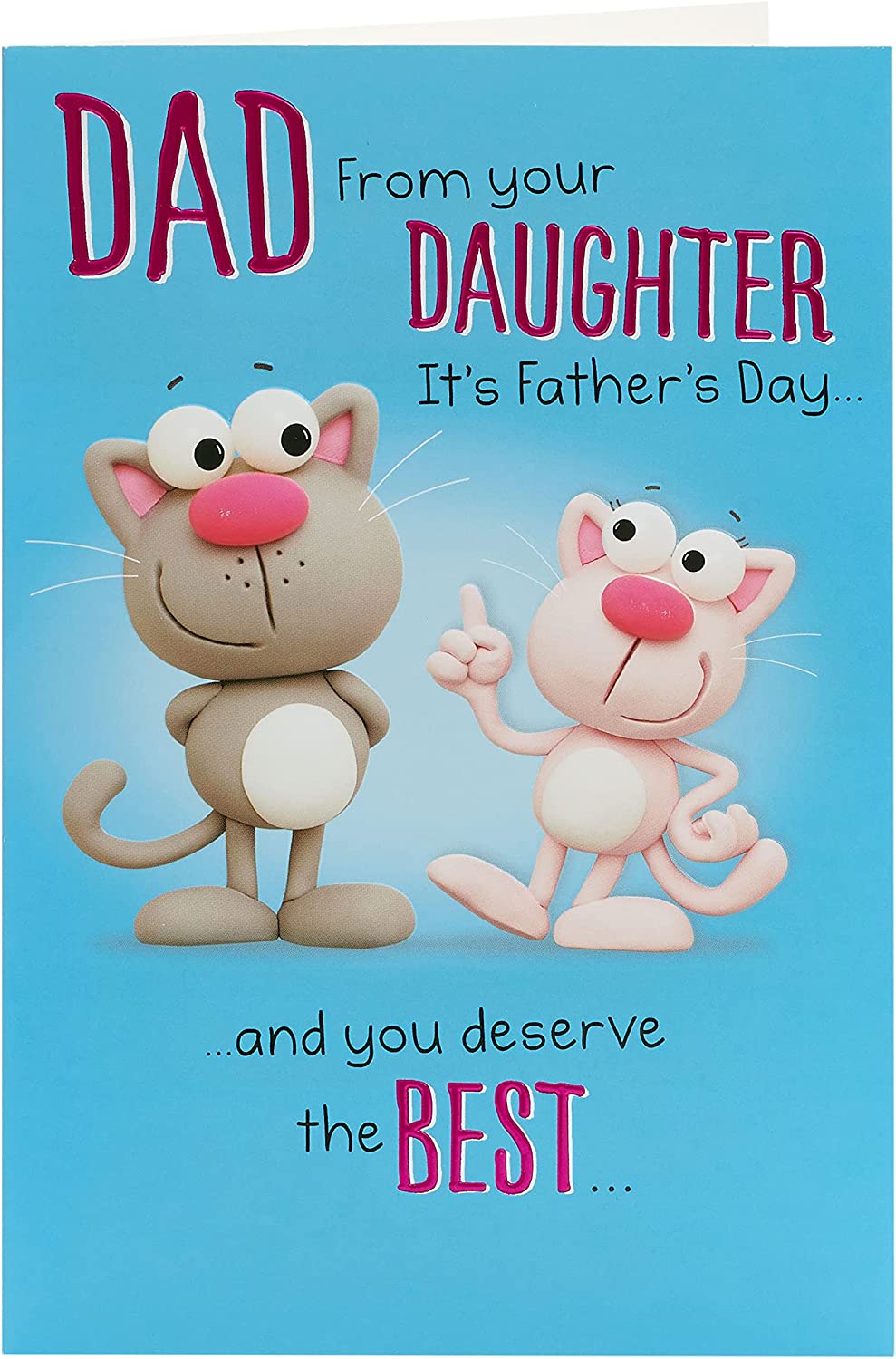 UK Greetings funny cat Father's Day card for dad from daughter, featuring colorful feline design and playful lettering.