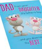 UK Greetings funny cat Father's Day card for dad from daughter, featuring colorful cat illustrations on stationery card.