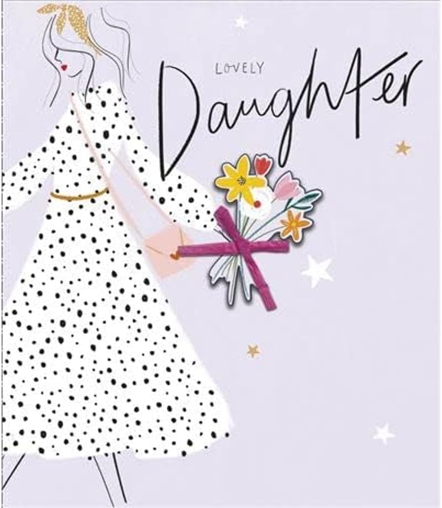 UK Greetings birthday greeting card featuring a daughter in a polka dot dress holding a flower posy, decorative stationery item
