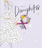 UK Greetings birthday greeting card featuring a daughter in a polka dot dress holding a flower posy, decorative stationery item