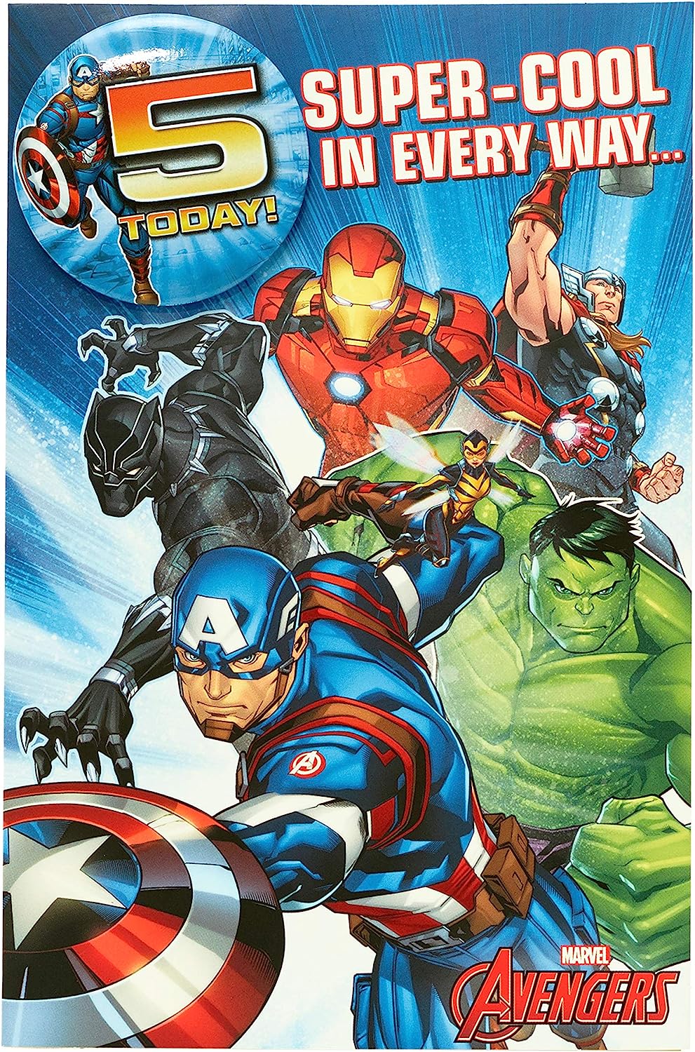 Marvel Avengers Age 5 birthday card with badge from UK Greetings, featuring superhero graphics and colorful stationery design.