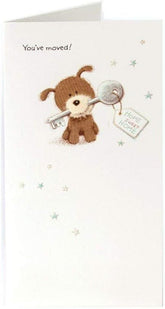UK Greetings You've Moved and Congratulations greetings card featuring a playful dog illustration, perfect for celebrating new homes.