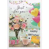 Female Just For You Happy Birthday Card - Vase Of Flowers Balloons Presents