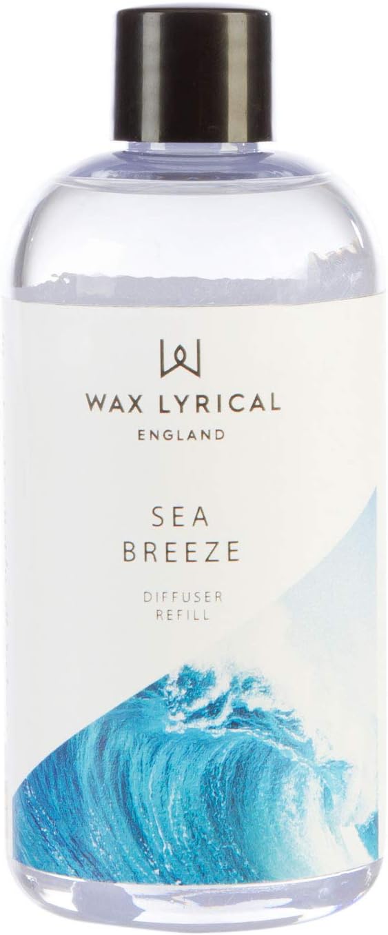 Wax Lyrical Sea Breeze reed diffuser refill in a 200ml bottle with reed sticks for home fragrance.