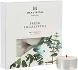 Wax Lyrical scented tealights in a box of nine with fresh eucalyptus fragrance, perfect for creating a calming ambiance.