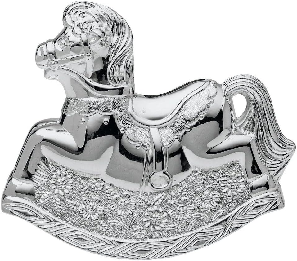 Silver plated Bambino rocking horse money box by Widdop & Co, perfect for baby gifts, featuring detailed horse design.