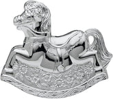Silver plated Bambino rocking horse money box by Widdop & Co, perfect for baby gifts, featuring detailed horse design.