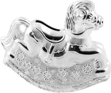 Silver plated Bambino rocking horse money box by Widdop & Co, designed as a charming baby gift for saving coins.