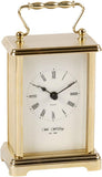 Widdop & Co brass effect carriage clock with classic design, featuring a rectangular face and decorative brass finish.