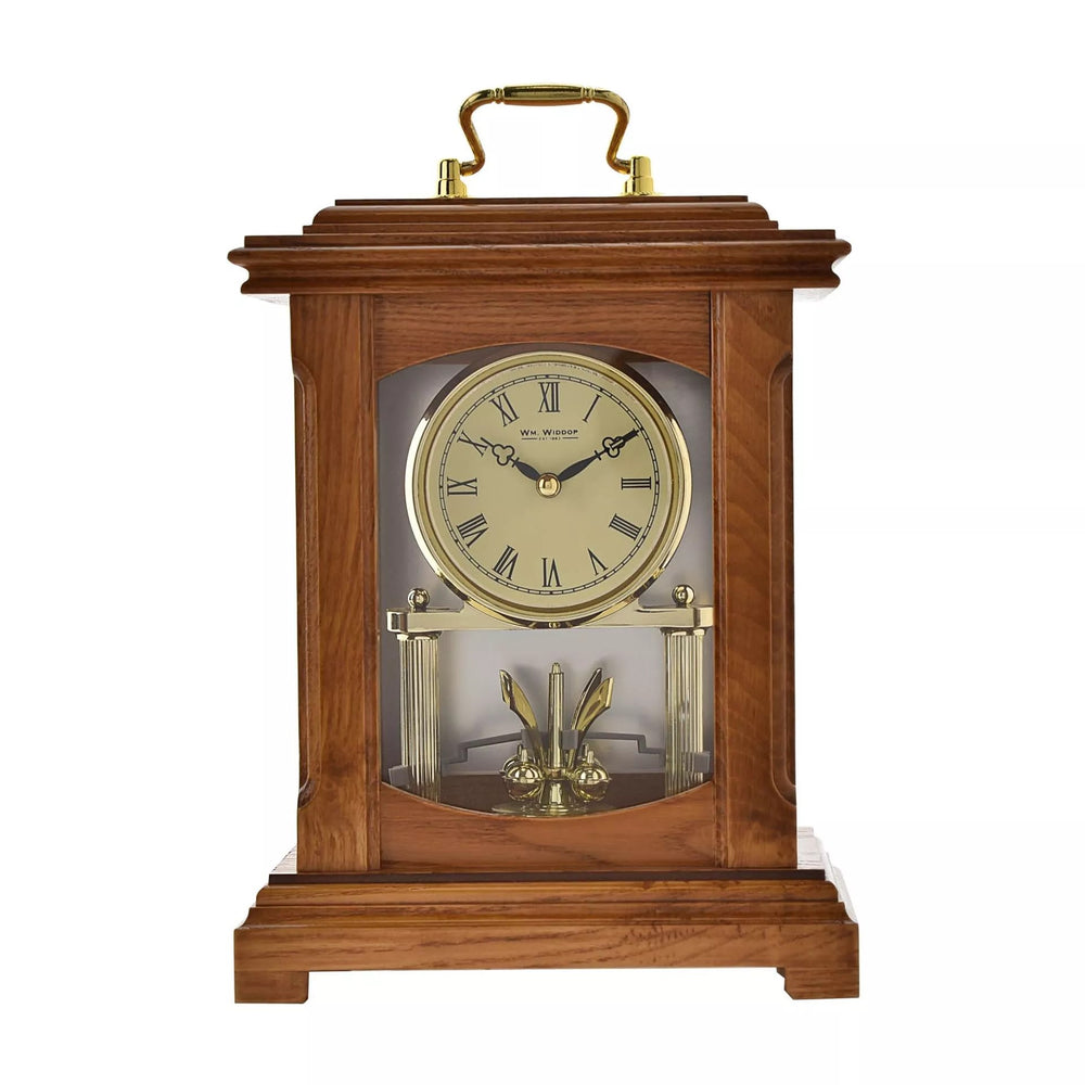 Widdop & Co wood mantel clock in lantern style with handle, featuring a rustic design and classic clock face.