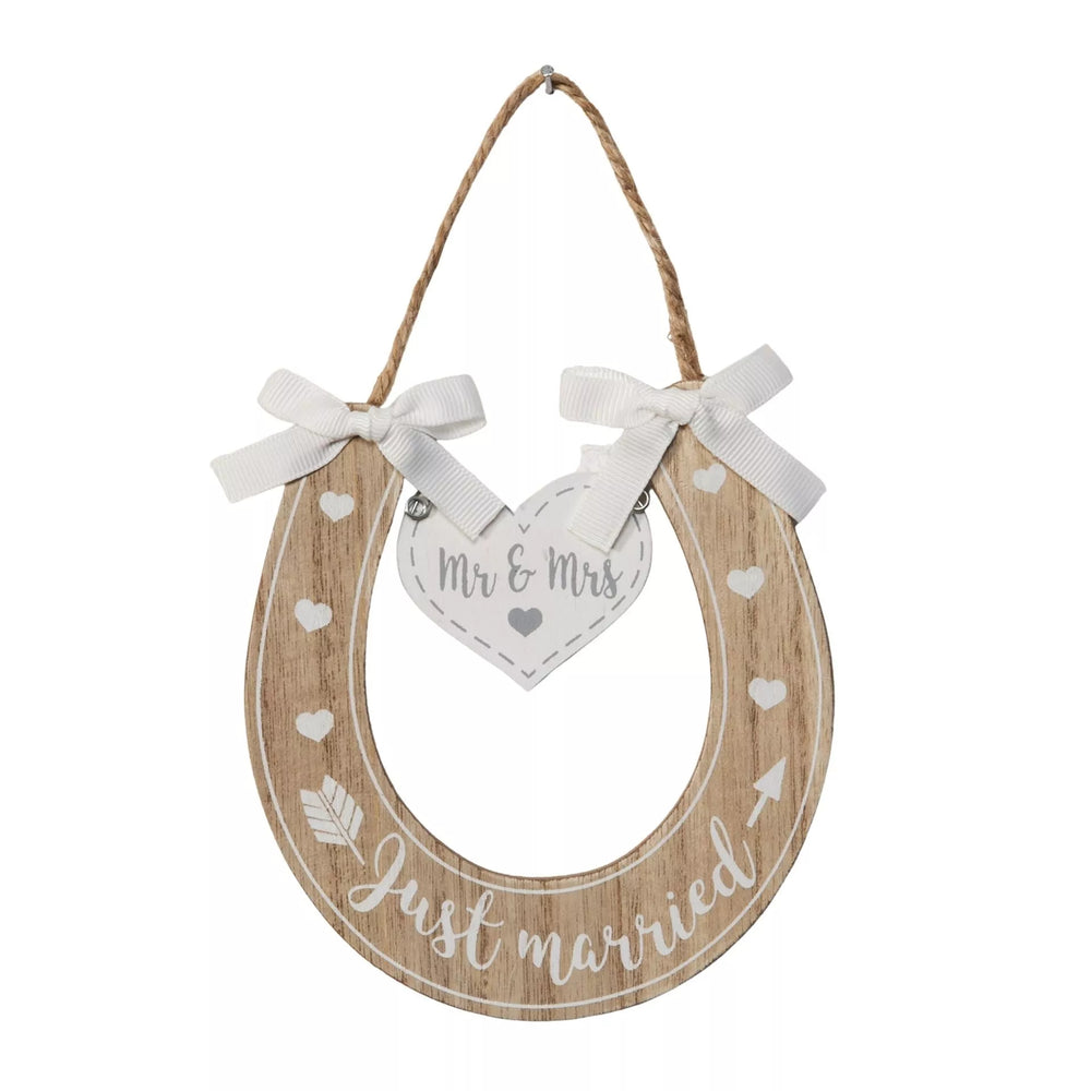 Widdop & Co Love Story horse shoe giftware with "Just Married" design, featuring decorative details for wedding celebration.