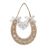 Widdop & Co Love Story horse shoe giftware with "Just Married" design, featuring decorative details for wedding celebration.