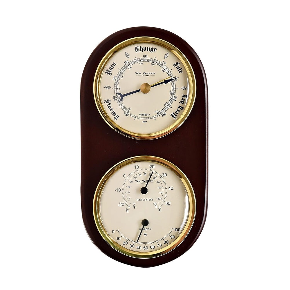 Widdop & Co wooden barometer, thermometer, and hygrometer instrument with a classic design and wooden finish.