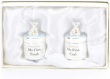 Widdop & Co Bambino silverplated keepsake box set with blue lid for storing first tooth and curl, elegant and decorative.