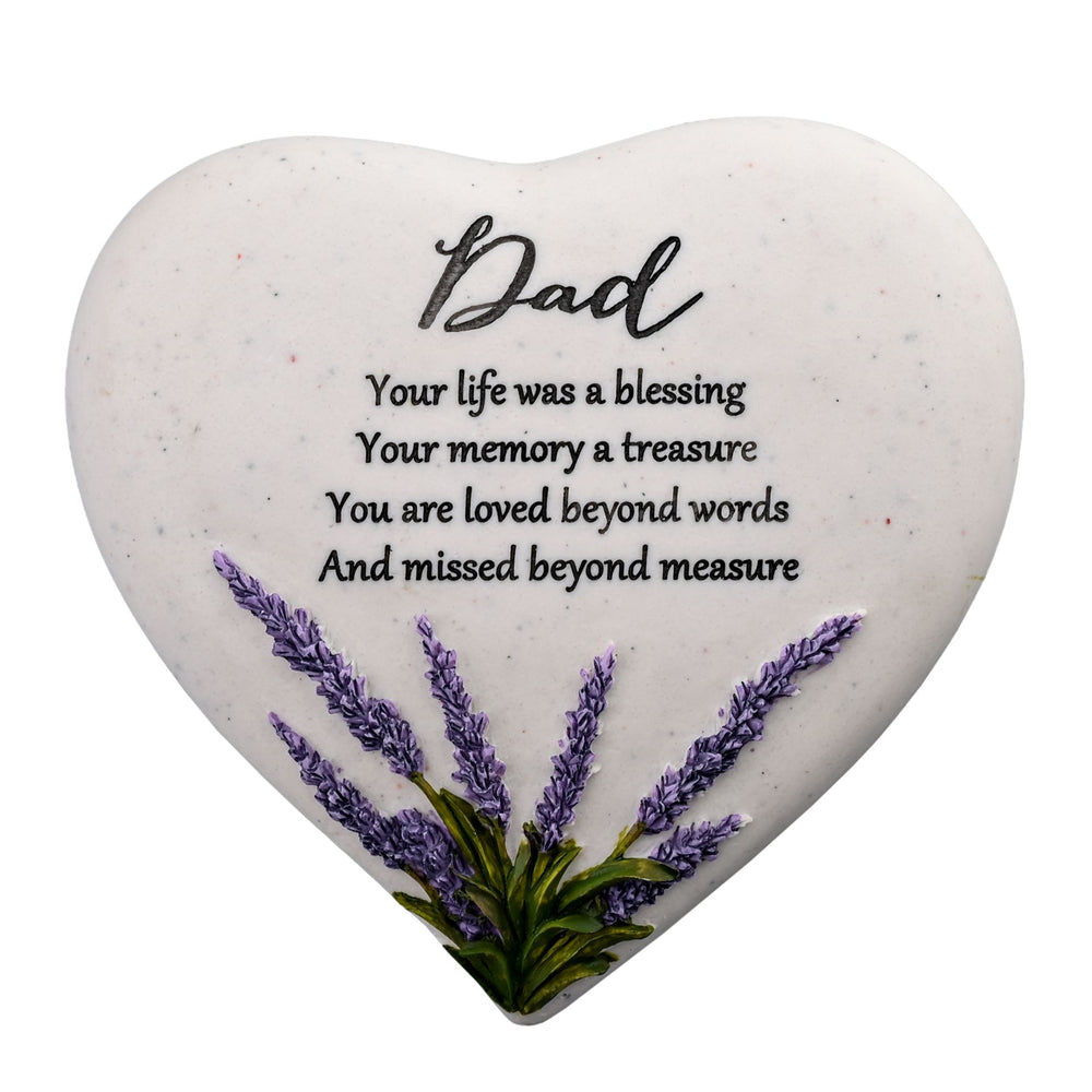 Widdop & Co memorial heart stone plaque with lavender design, honoring dad with heartfelt sentiment for remembrance.