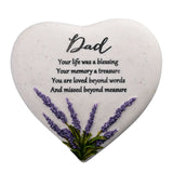 Widdop & Co memorial heart stone plaque with lavender design, honoring dad with heartfelt sentiment for remembrance.