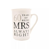 Widdop & Co Amore gift set of ceramic mugs celebrating 60 years of Mr Right and Mrs Always Right, featuring romantic designs.