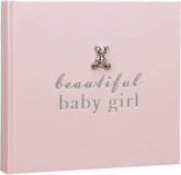Widdop & Co New Baby 50 photo album with 6x4 inch pages and silver teddy attachment, perfect keepsake for a baby girl.