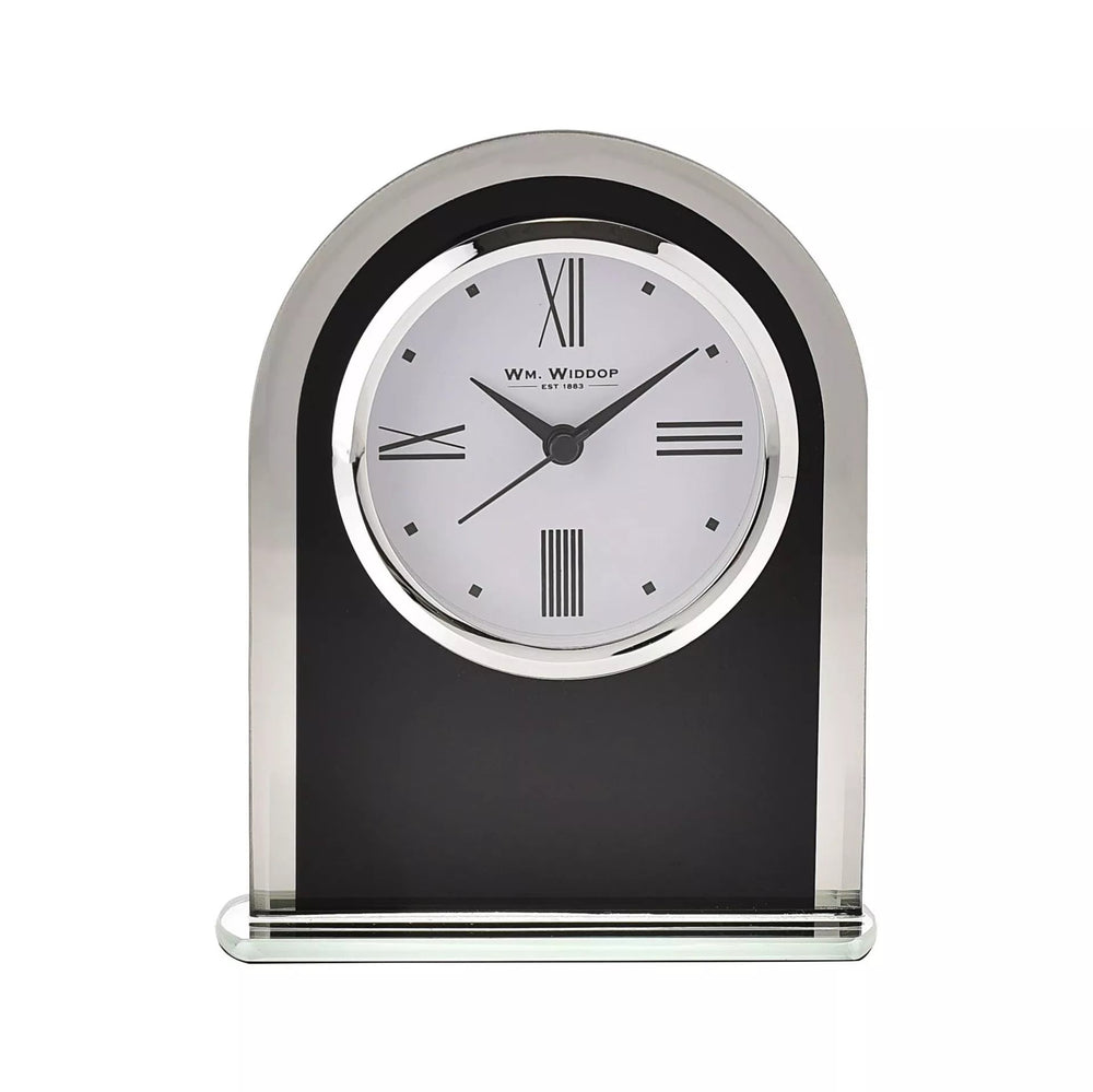 Widdop & Co black and clear arched mantel clock, classic timepiece with a sleek design and elegant display.