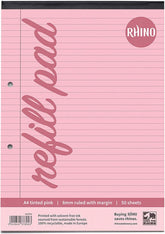 Rhino Pink Paper Refill Pad 8mm feints & margin A4 50 Leaf 100 pages