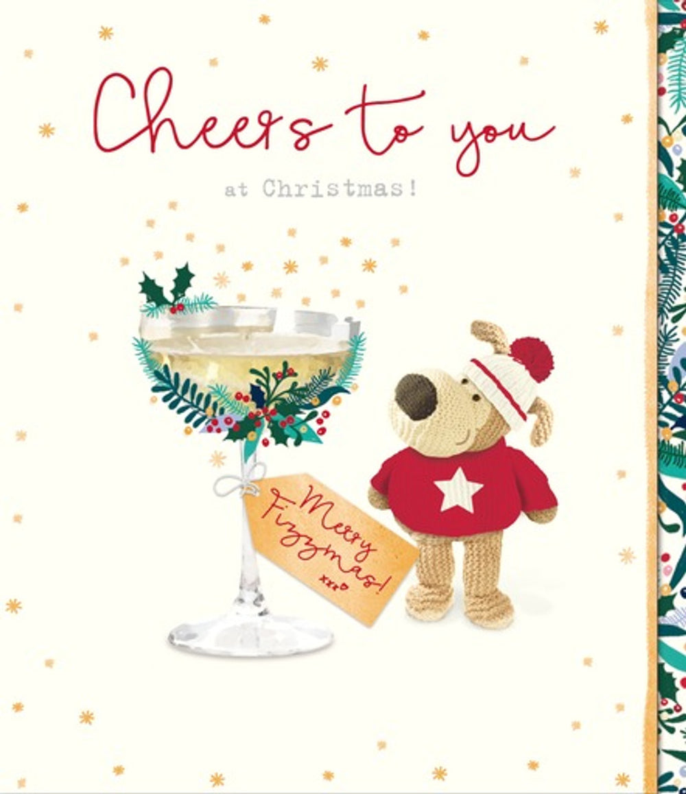 Festive Christmas Greeting Card with Boofle Dog Holding Cocktail Glass Design