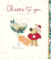 Festive Christmas Greeting Card with Boofle Dog Holding Cocktail Glass Design