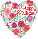 Xpress Yourself Happy Birthday heart-shaped floral print foil balloon with colorful birthday design and shiny metallic finish.