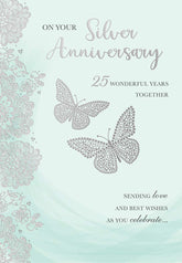 Xpress Yourself classic silver 25th anniversary greeting card with elegant design and celebratory message, perfect for special occasions.