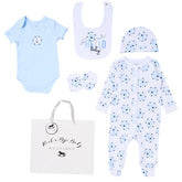 Blue Lion 'Hello Baby' 5-piece set featuring baby clothing and accessories, displayed in a coordinated display setup.