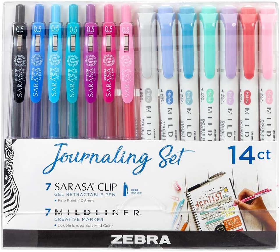 Zebra Mildliner dual tip highlighter and journaling set with colorful highlighters and gel pens for creative writing and note-taking.