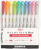 Set of 10 Zebra Mildliner dual tip brush and bullet markers showing colorful pens with chisel and fine tips.