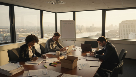 Team conducting office supply audit in meeting room