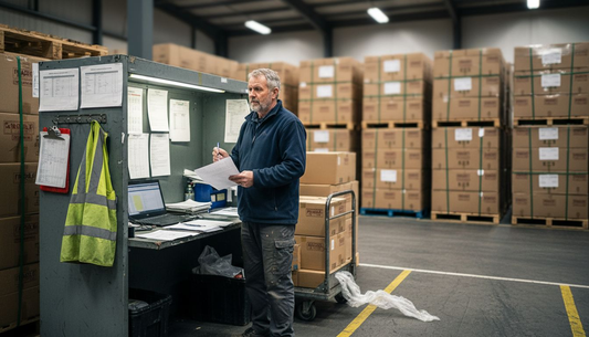 Warehouse manager checks inventory at UK distribution center