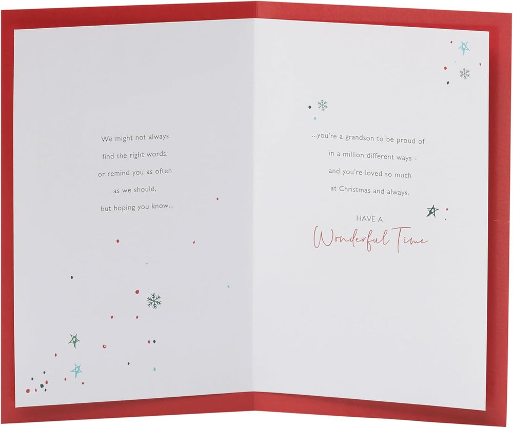 Festive Christmas Card for Grandson – Present & Snowflake Illustration
