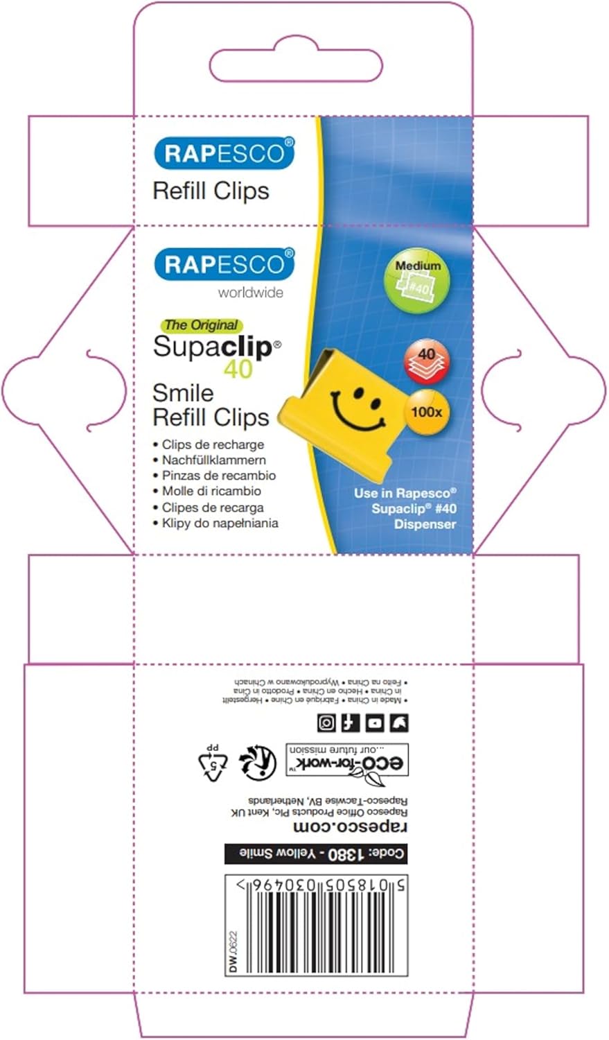 Rapesco Supaclip 40 Refill Clips - Bright Yellow (100 x Smiles)