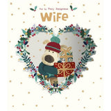 Christmas Greeting Card for Wife with Boofle Dog Holding Presents Inside Heart Wreath Design