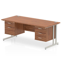 Dynamic Impulse W1800 x D800 x H730mm Straight Office Desk Cantilever Leg With 1x2 & 1x3 Drawer Fixed Pedestal Walnut Finish Silver Frame - MI001954 DD