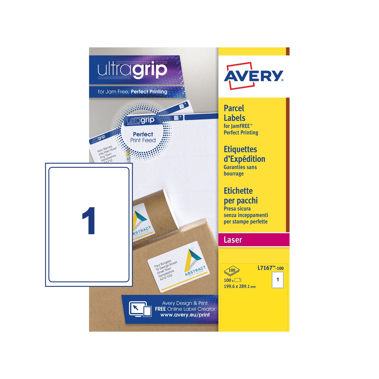 Avery Laser Parcel Label 199.6x289mm 1 Per A4 Sheet White (Pack 100 Labels) L7167-100