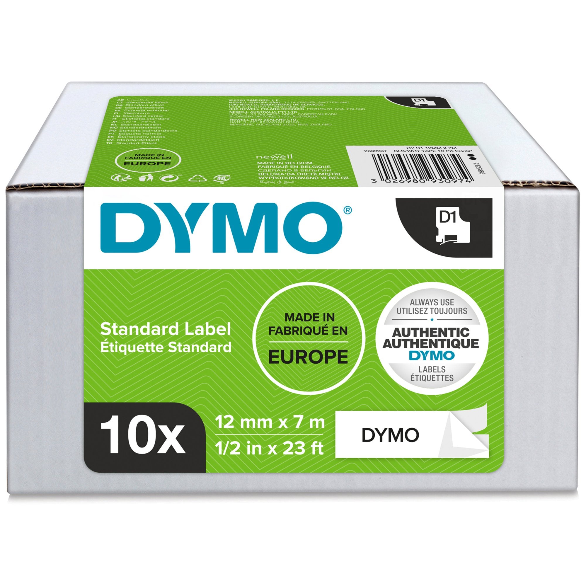 Dymo D1 Label Tape 12mmx7m Black on White (Pack 10) - 2093097