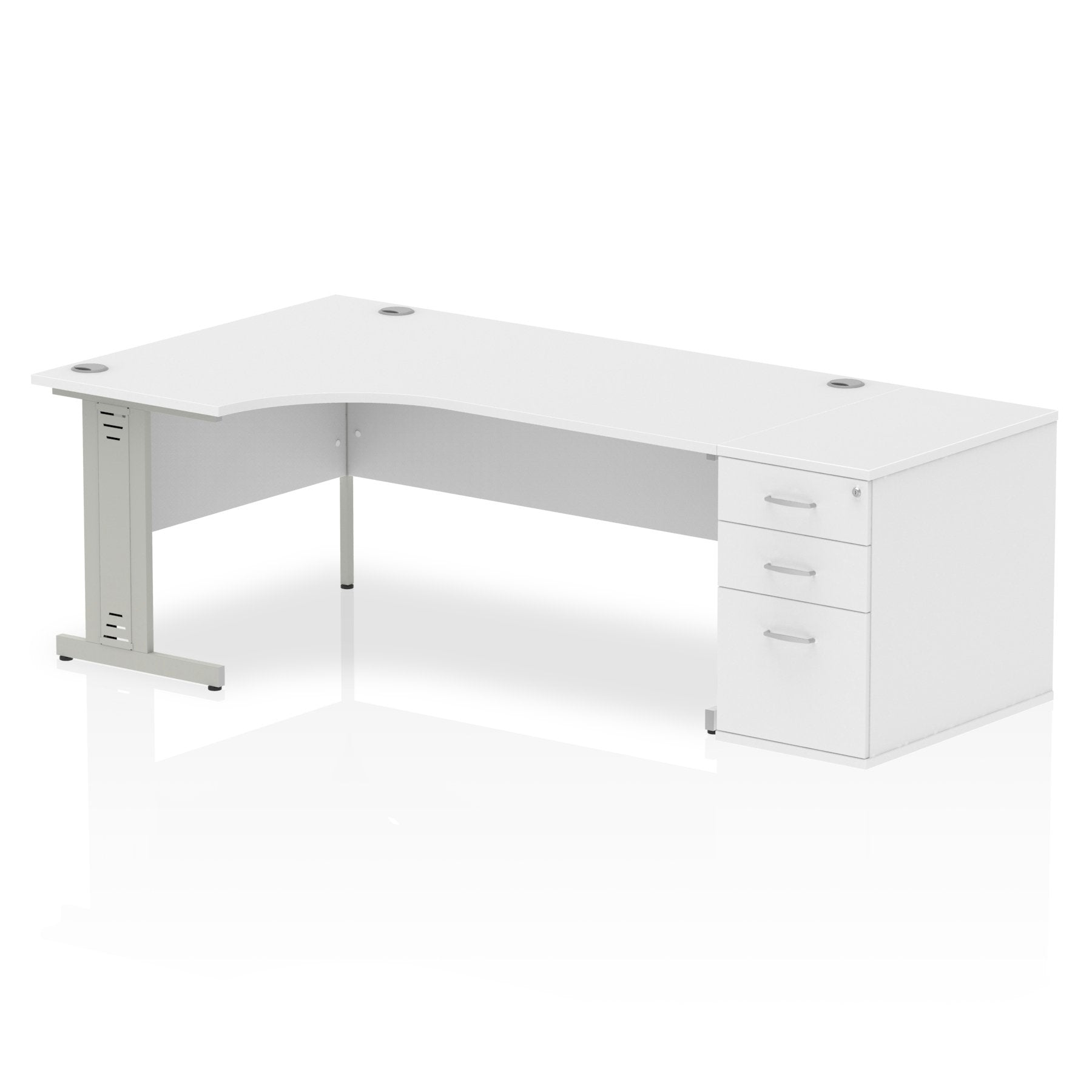 Dynamic Impulse 1800mm Left Crescent Desk White Top Silver Cable Managed Leg Workstation 800mm Deep Desk High Pedestal Bundle I000662 DD