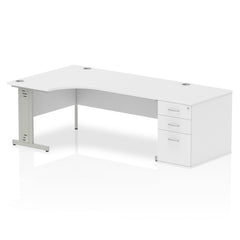 Dynamic Impulse 1800mm Left Crescent Desk White Top Silver Cable Managed Leg Workstation 800mm Deep Desk High Pedestal Bundle I000662 DD
