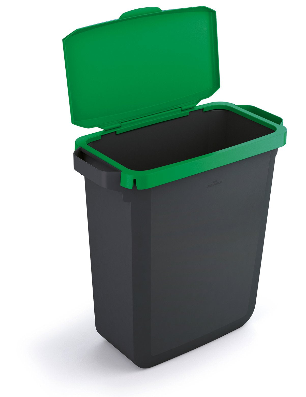Durable DURABIN ECO 80% Recycled Plastic Waste Recycling Bin 60 Litre Rectangular Black with Green Hinged Lid - VEH2023025 DD