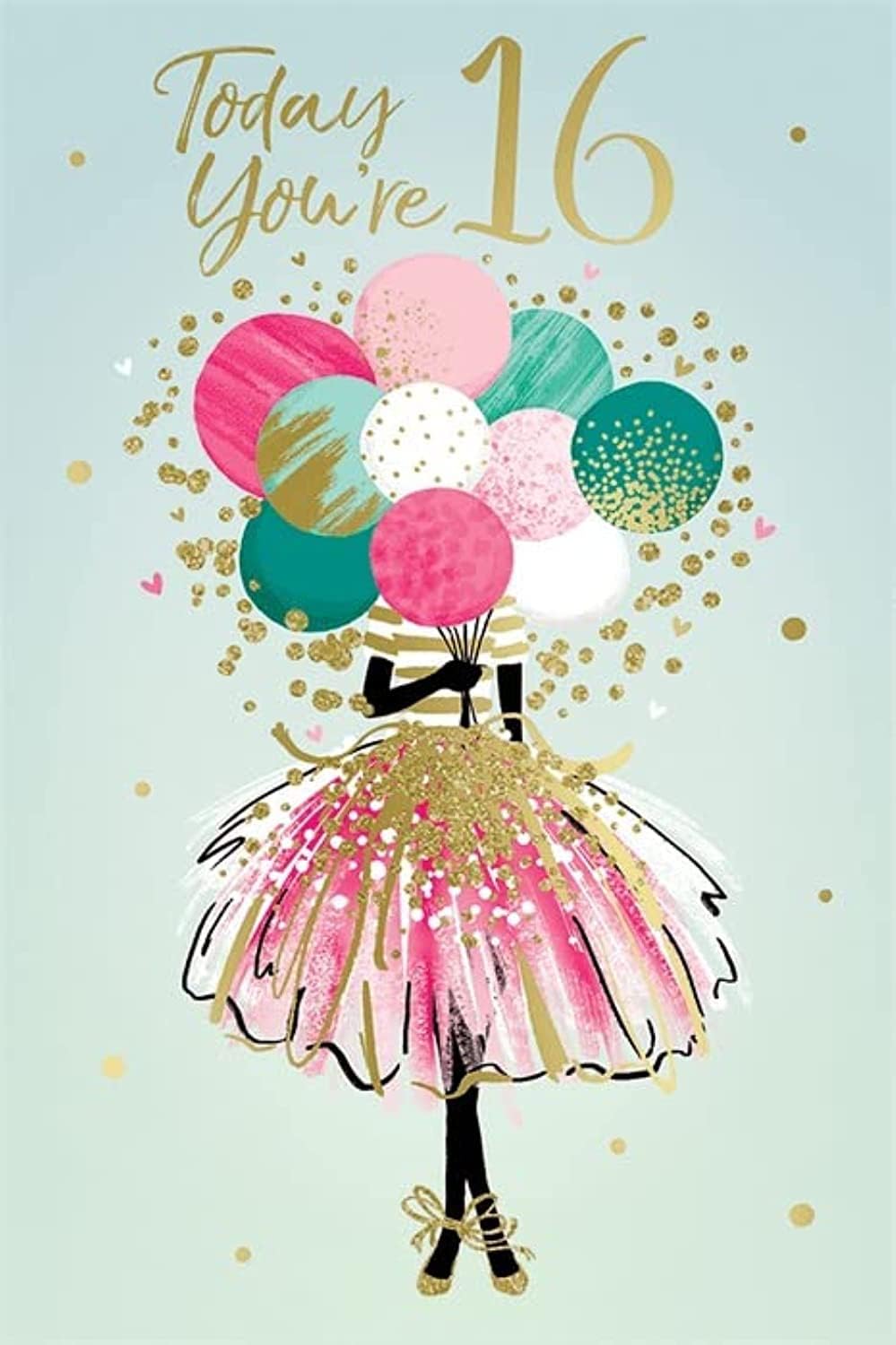 Kingfisher Cards Milestone Age 16 Birthday Greeting Card - From The Shimmer Range - Girl With Pink Skirt & Balloons - With A Gold Foil Finish